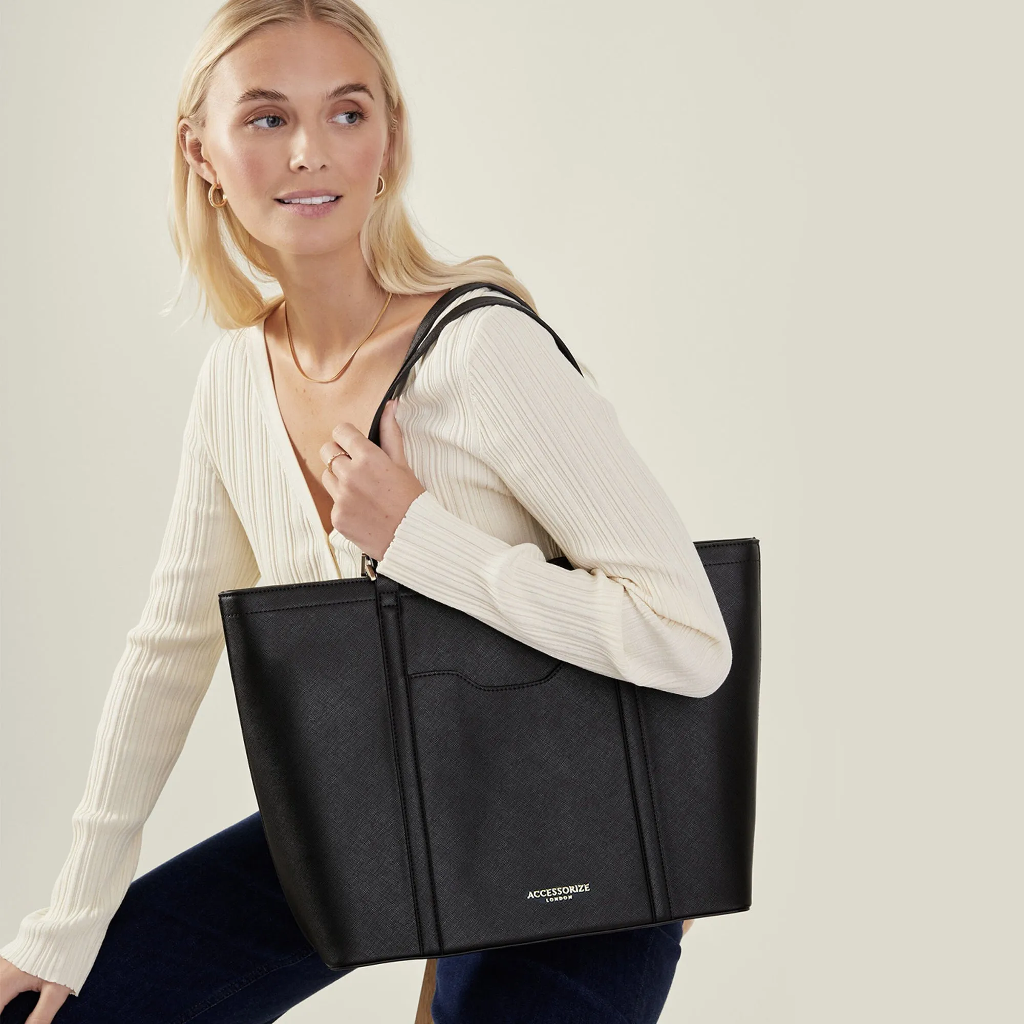 Accessorize London Women's Black Saffiano Laptop Tote Bag
