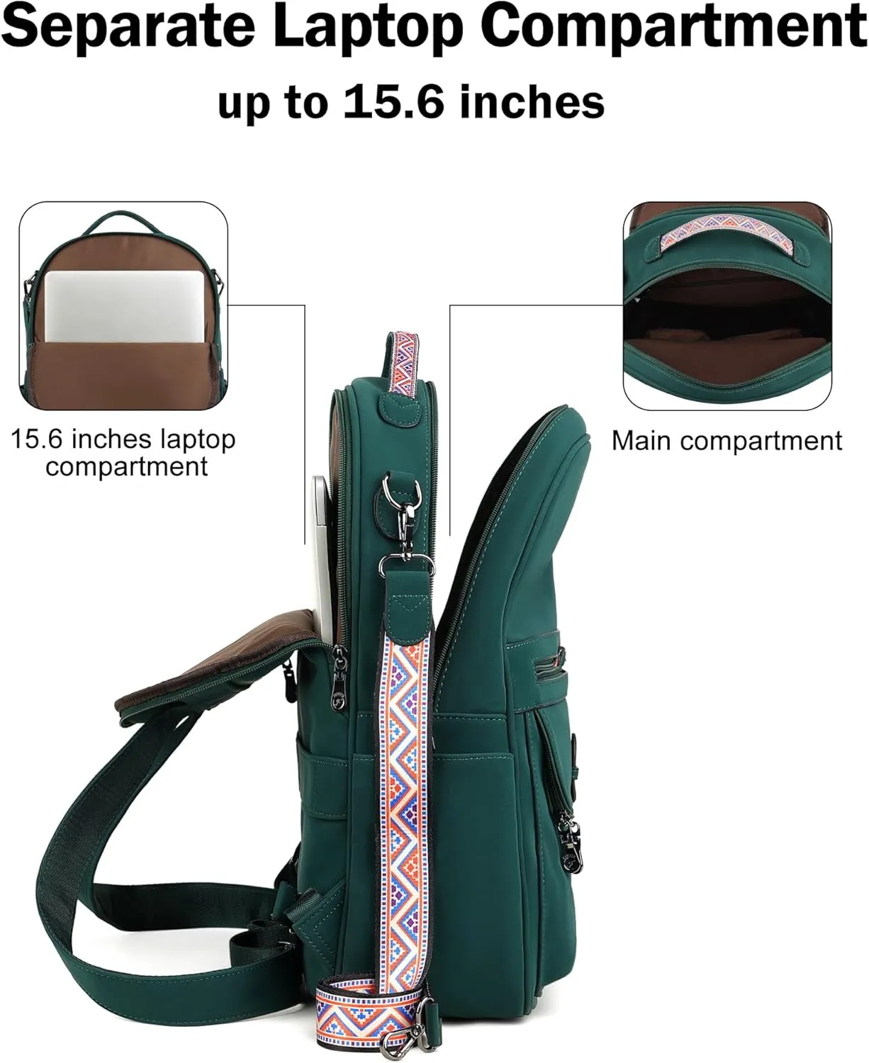 FADEON 15.6 inch Leather Laptop Backpack Purse for Women, Designer Travel PU Backpack with Laptop Compartment for Work Green