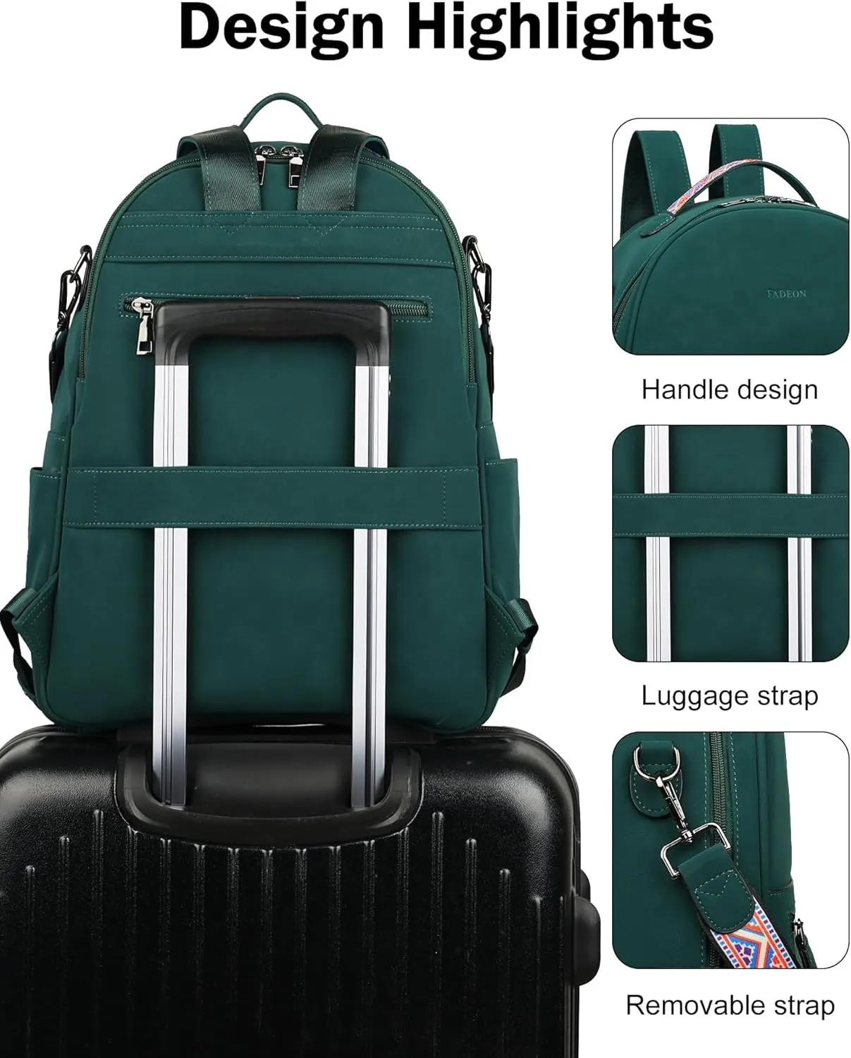 FADEON 15.6 inch Leather Laptop Backpack Purse for Women, Designer Travel PU Backpack with Laptop Compartment for Work Green