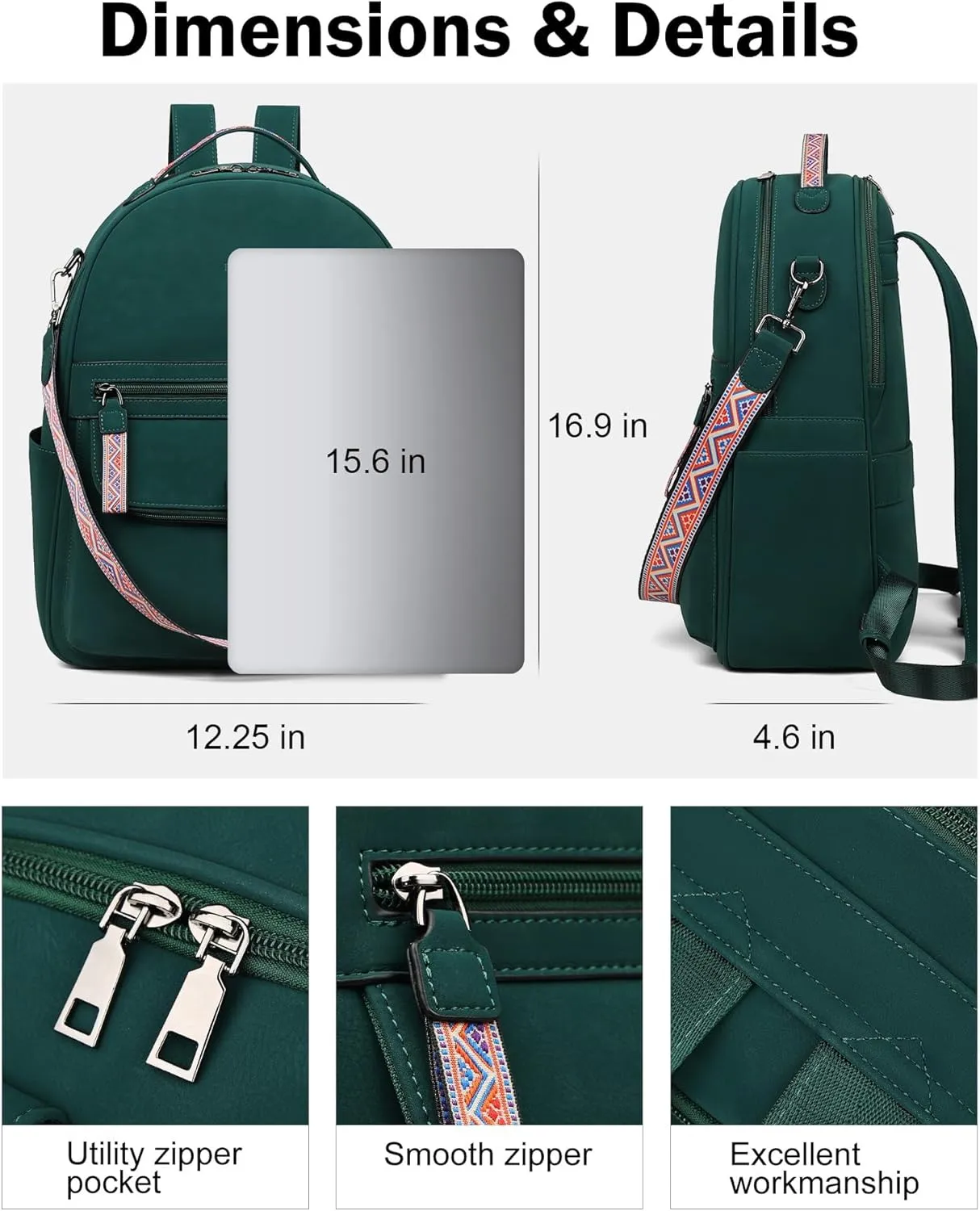 FADEON 15.6 inch Leather Laptop Backpack Purse for Women, Designer Travel PU Backpack with Laptop Compartment for Work Green