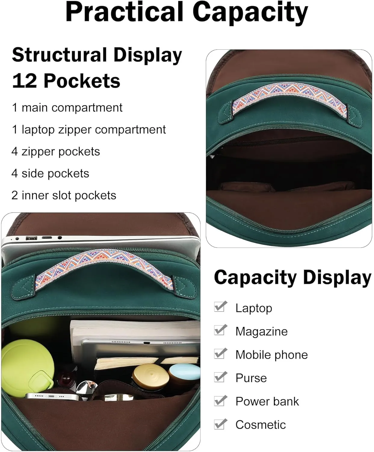 FADEON 15.6 inch Leather Laptop Backpack Purse for Women, Designer Travel PU Backpack with Laptop Compartment for Work Green