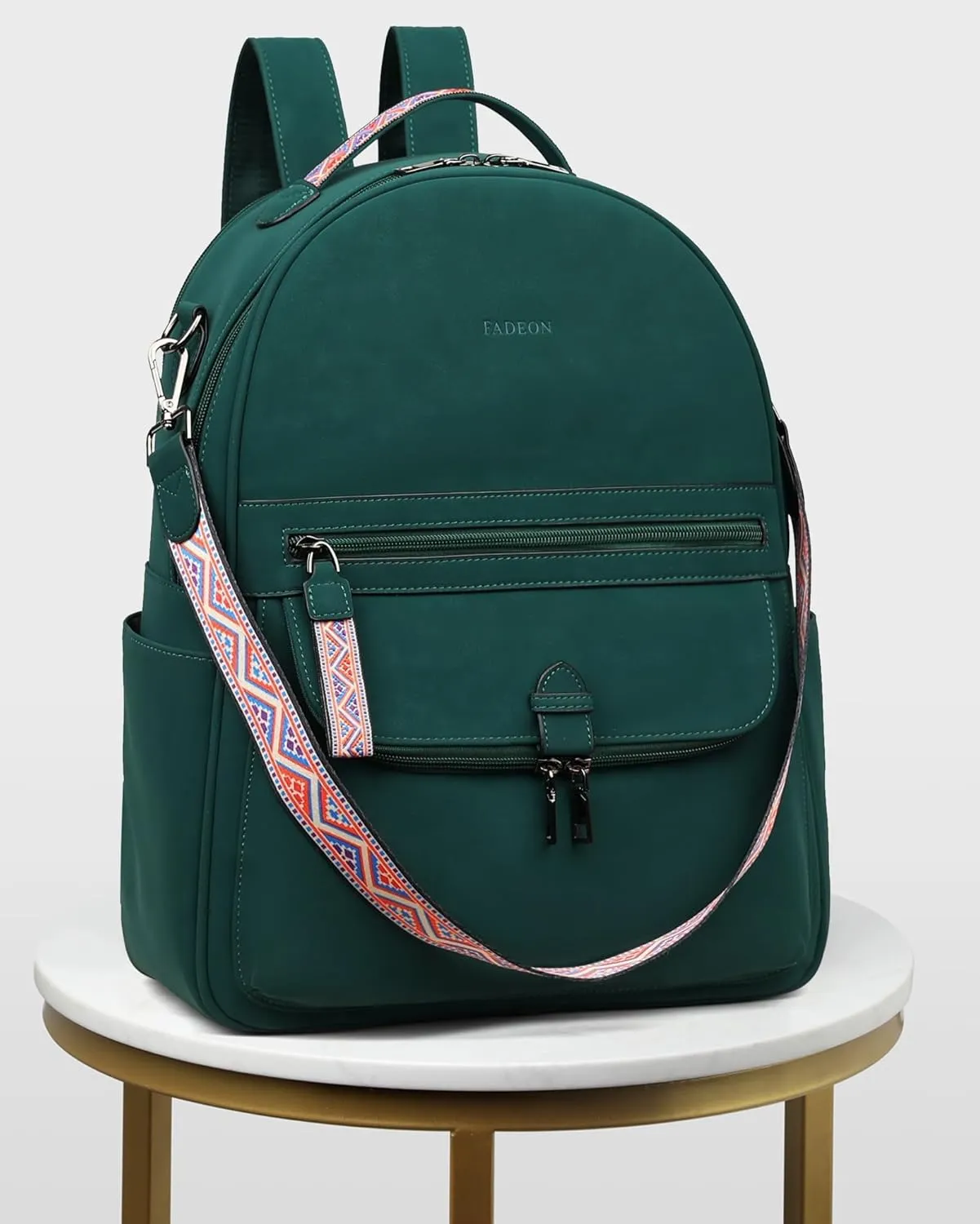 FADEON 15.6 inch Leather Laptop Backpack Purse for Women, Designer Travel PU Backpack with Laptop Compartment for Work Green