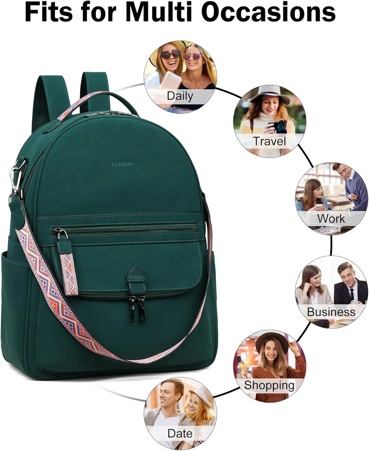 FADEON 15.6 inch Leather Laptop Backpack Purse for Women, Designer Travel PU Backpack with Laptop Compartment for Work Green