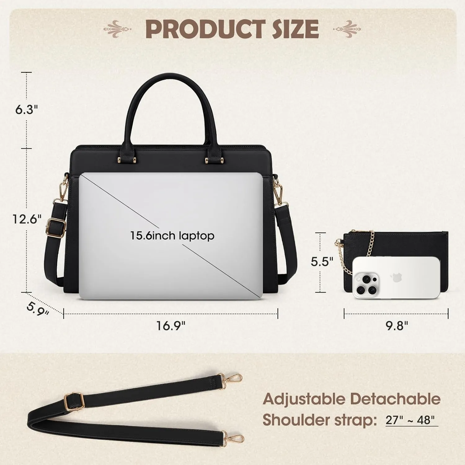 RAINSMORE Laptop Bag for Women 15.6 inch Laptop Tote Bag Waterproof Leather Computer Bags Women Business Office Work Briefcase Handbag, Black