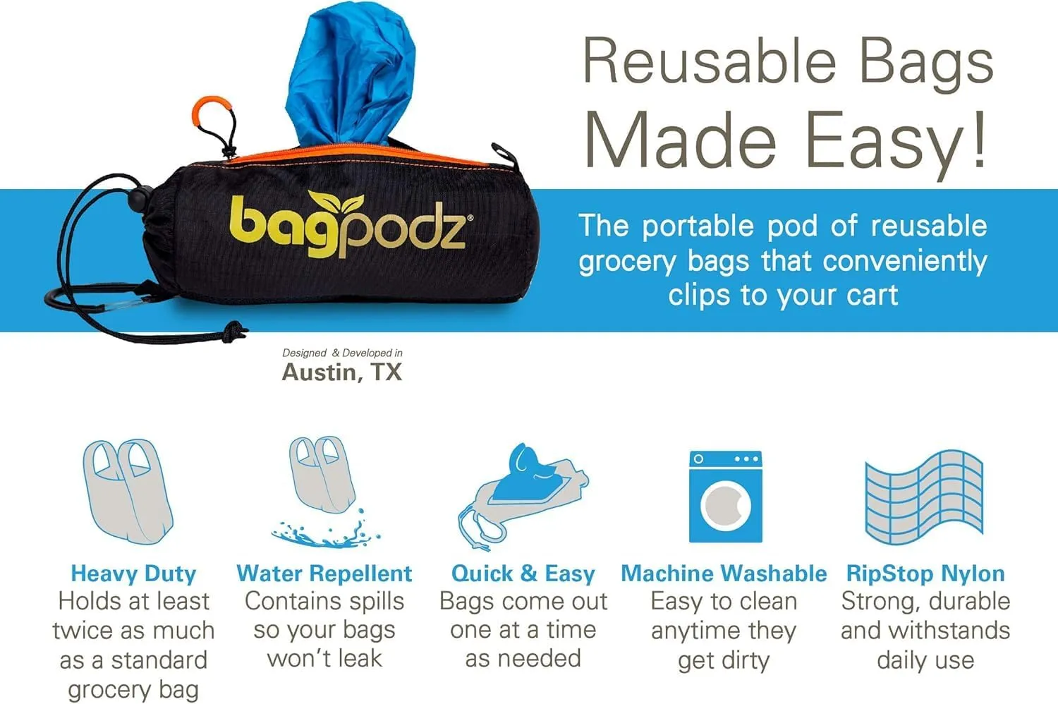 Sturdy Reusable Grocery Bags Foldable and Washable - Made From RipStop Nylon Hold 50lbs - Designed in USA Reusable Shopping Bags Inside a Compact Pod with Carry Clip - 10 Pack in Blue