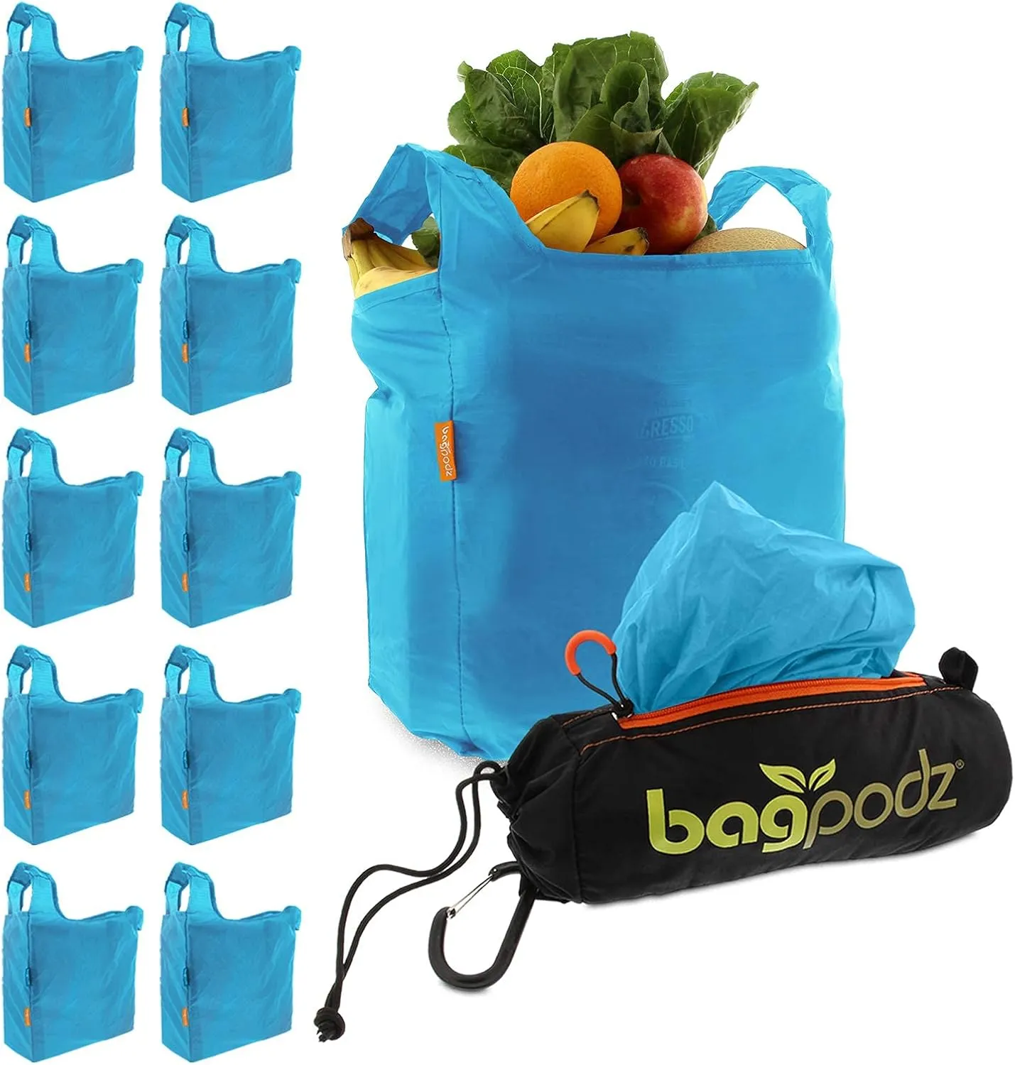 Sturdy Reusable Grocery Bags Foldable and Washable - Made From RipStop Nylon Hold 50lbs - Designed in USA Reusable Shopping Bags Inside a Compact Pod with Carry Clip - 10 Pack in Blue