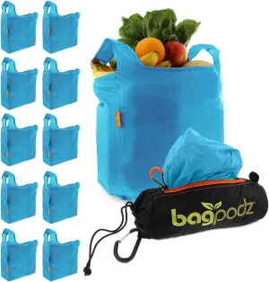 Sturdy Reusable Grocery Bags Foldable and Washable - Made From RipStop Nylon Hold 50lbs - Designed in USA Reusable Shopping Bags Inside a Compact Pod with Carry Clip - 10 Pack in Blue