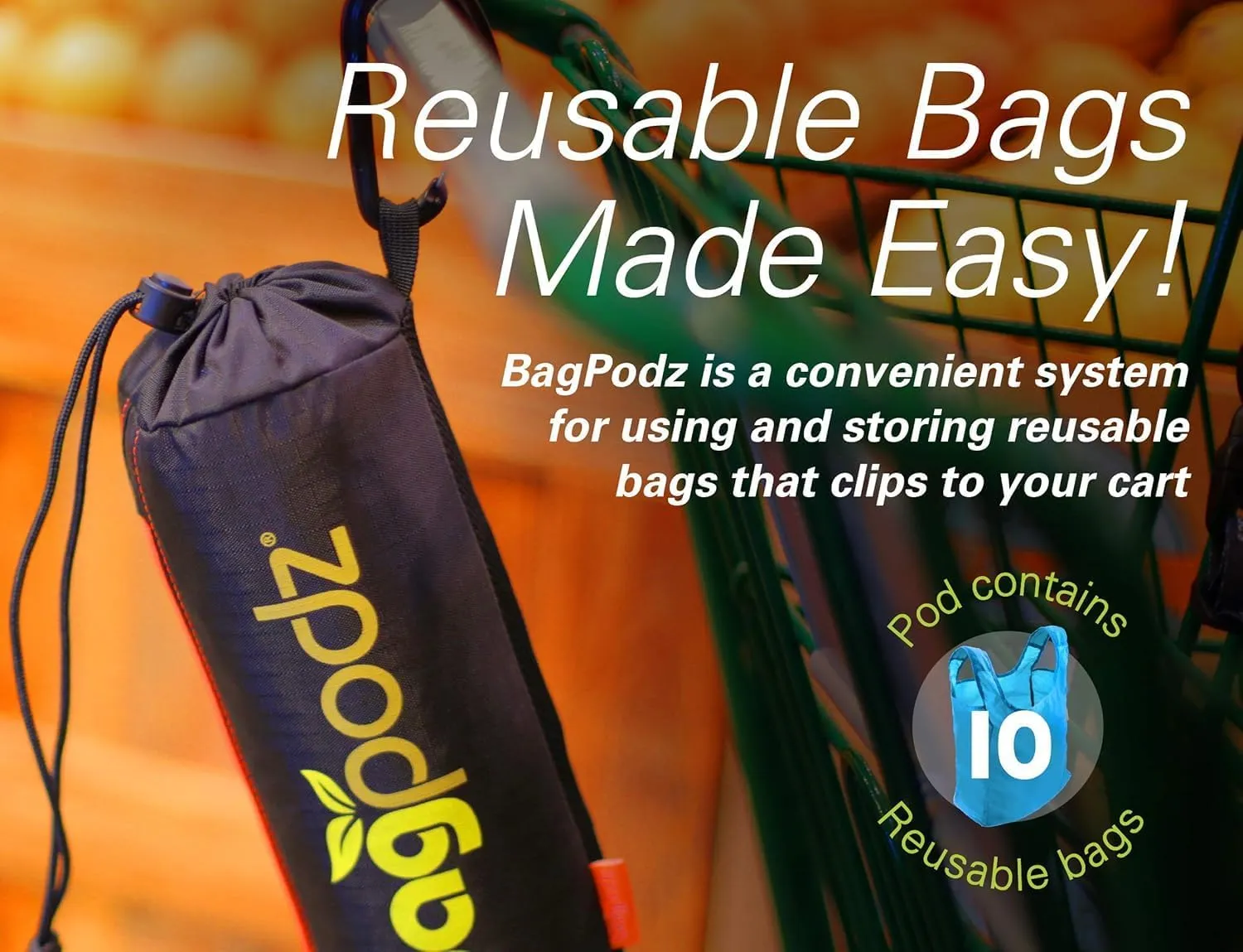 Sturdy Reusable Grocery Bags Foldable and Washable - Made From RipStop Nylon Hold 50lbs - Designed in USA Reusable Shopping Bags Inside a Compact Pod with Carry Clip - 10 Pack in Blue