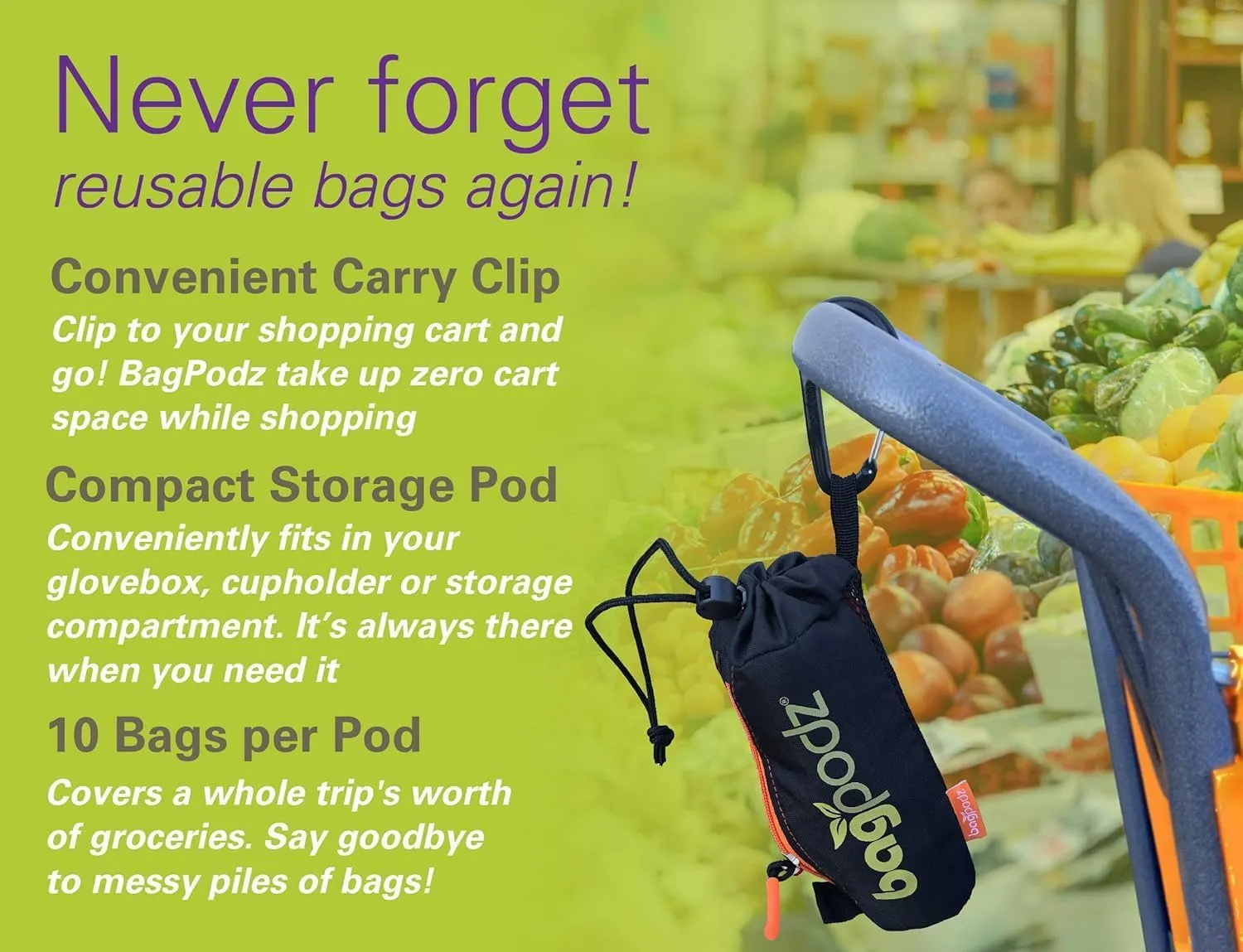 Sturdy Reusable Grocery Bags Foldable and Washable - Made From RipStop Nylon Hold 50lbs - Designed in USA Reusable Shopping Bags Inside a Compact Pod with Carry Clip - 10 Pack in Blue