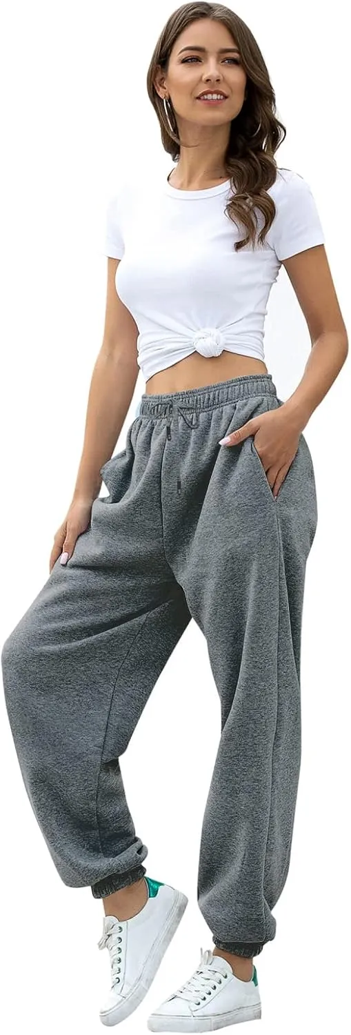 Womens Cinch Bottom Sweatpants Pockets High Waist Sporty Gym Athletic Fit Jogger Pants Lounge Trousers