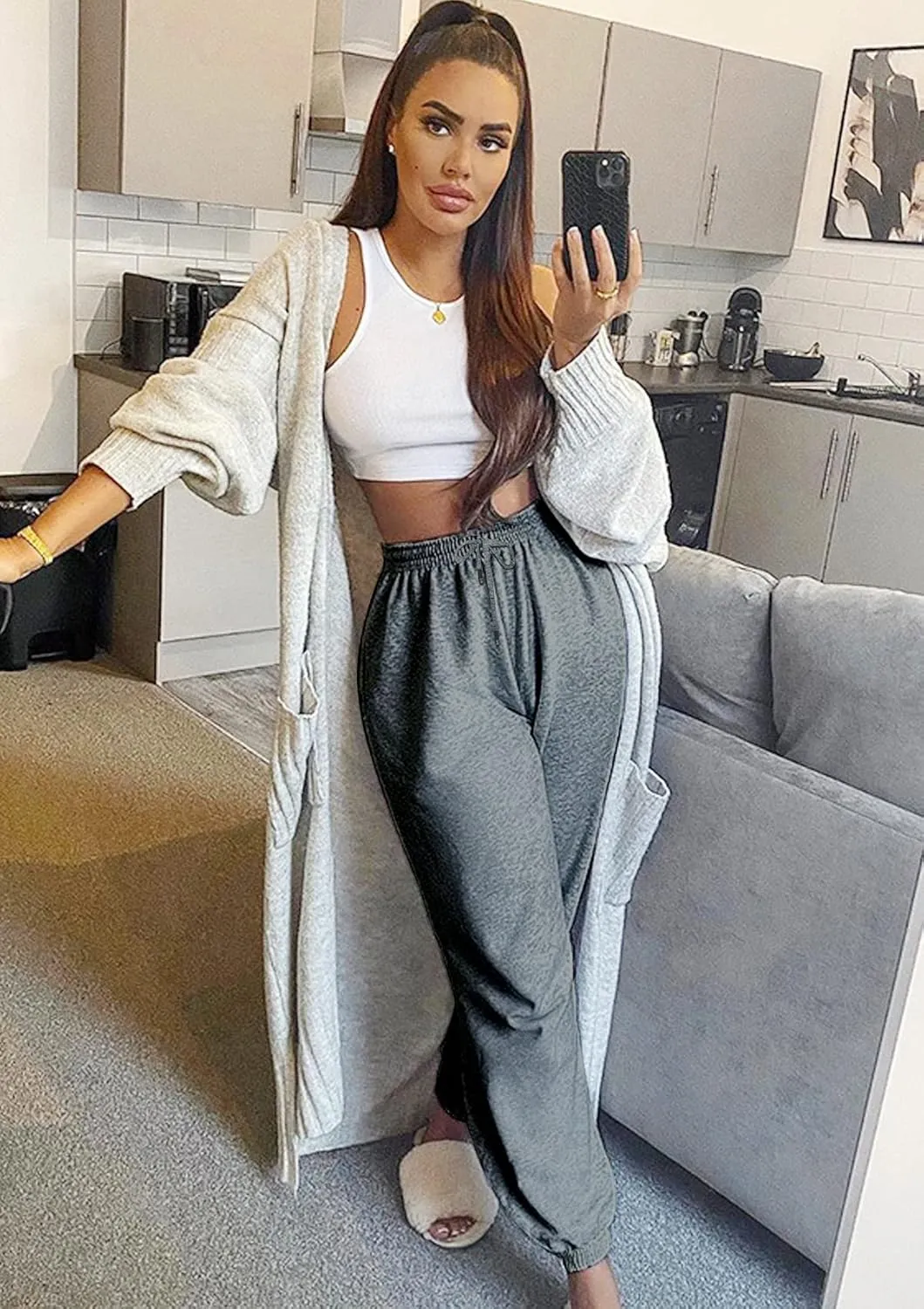 Womens Cinch Bottom Sweatpants Pockets High Waist Sporty Gym Athletic Fit Jogger Pants Lounge Trousers